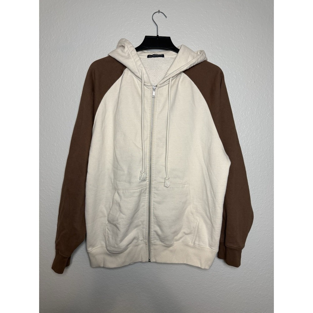 Brandy Melville Women's Full Zip Hoodie Sweatshirt Ivory Brown  oversized XL‎